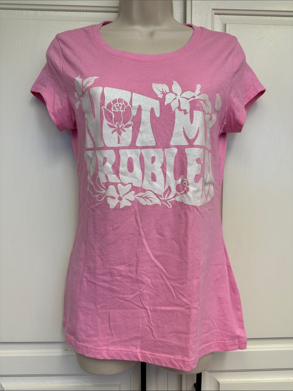 Wound Up Pink Short Sleeve Tee with White 'Not My Problem' Graphic
